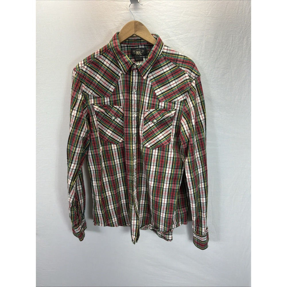 Vtg RRL Double RL Ralph Lauren Plaid Heavy Cotton Lng Sleeve Shirt Large Snap XL